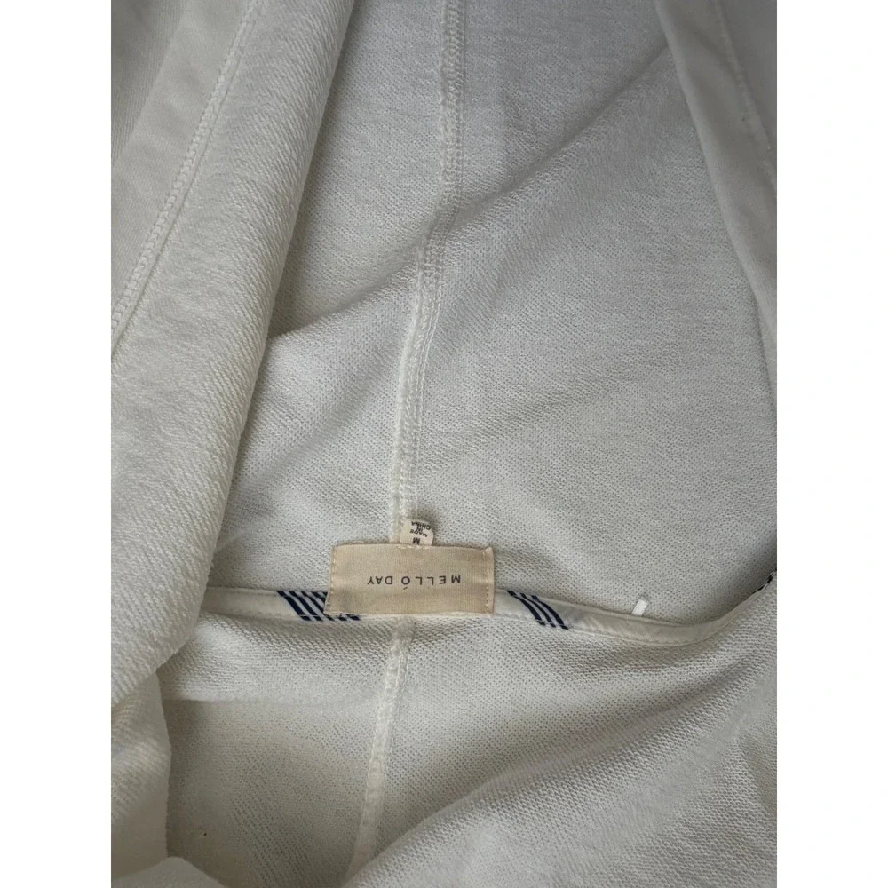 Mello Day Hooded Cardigan Womens Medium Cream Blue Striped Mixed Media Open Fron